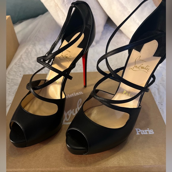 Christian Louboutin Holly Alta 120 Nappa Black Strappy Peep Toe Heels Size 39.5 - Picture 1 of 13